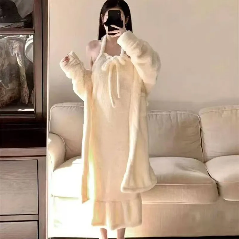 

Coral Fleece Women Loungewear Set Winter Warm Cozy Long Sleeve Hanging Strap Robe Home Sleepwear