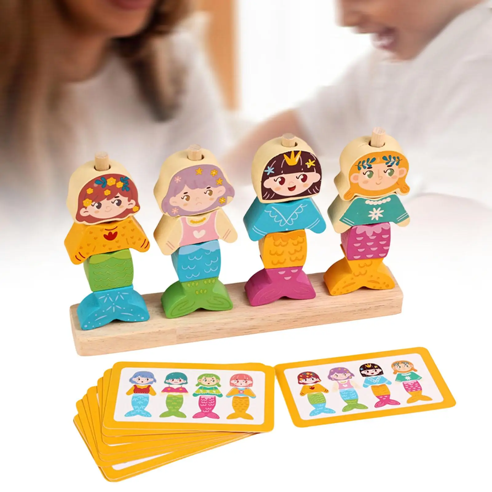 Wooden Dress up Puzzle Mermaid Changing Clothes Stacking Toy Beads Sequencing Toy Set Color Recognition