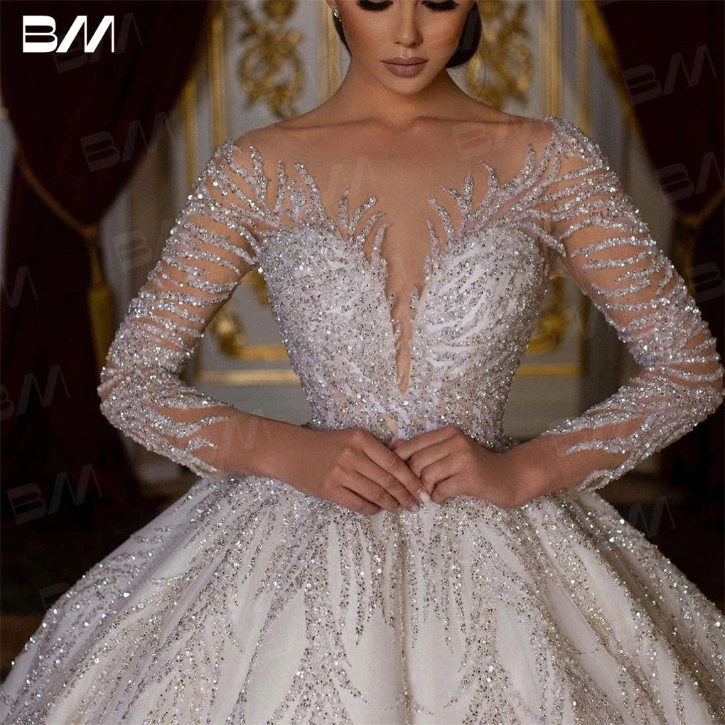 Luxury Hand Beaded Long Sleeve Wedding Dress Ball Gown Long Chapel Train Beaded Sexy Bride Dresses Vestidos De Novia