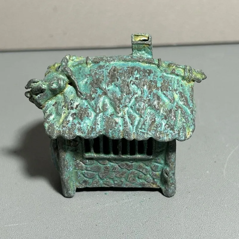 Vintage Mini , Bronze Sculpture, Green Tree House Incense Burner Ornament