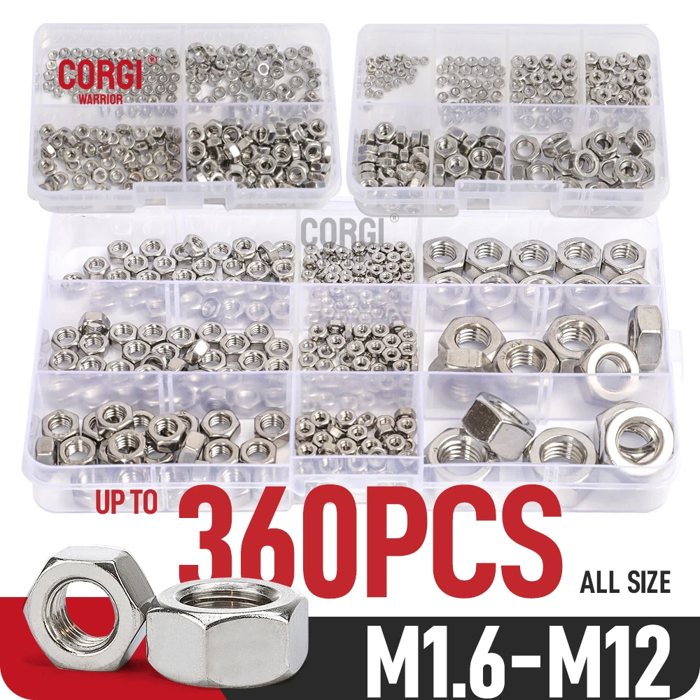 

Hexagon Nuts Assortment Kit M1.6 M2 M2.5 M3 M4 M5 M6 M8 M10 M12 304 Stainless Steel Metric Hex Nuts Pieces Hexnut Set 180-360