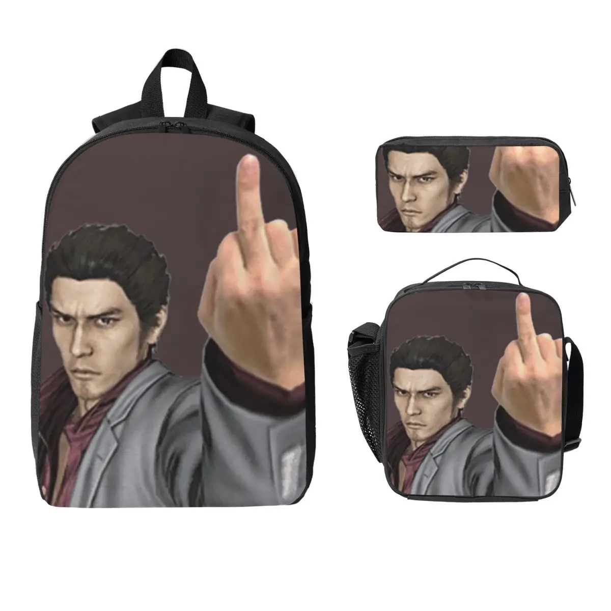 Kazuma Kiryu Middle Finger Backpack Student BookBag School Bag Computer Shoulder Bags 3ps Insulated Lunch Bag Pencil Case