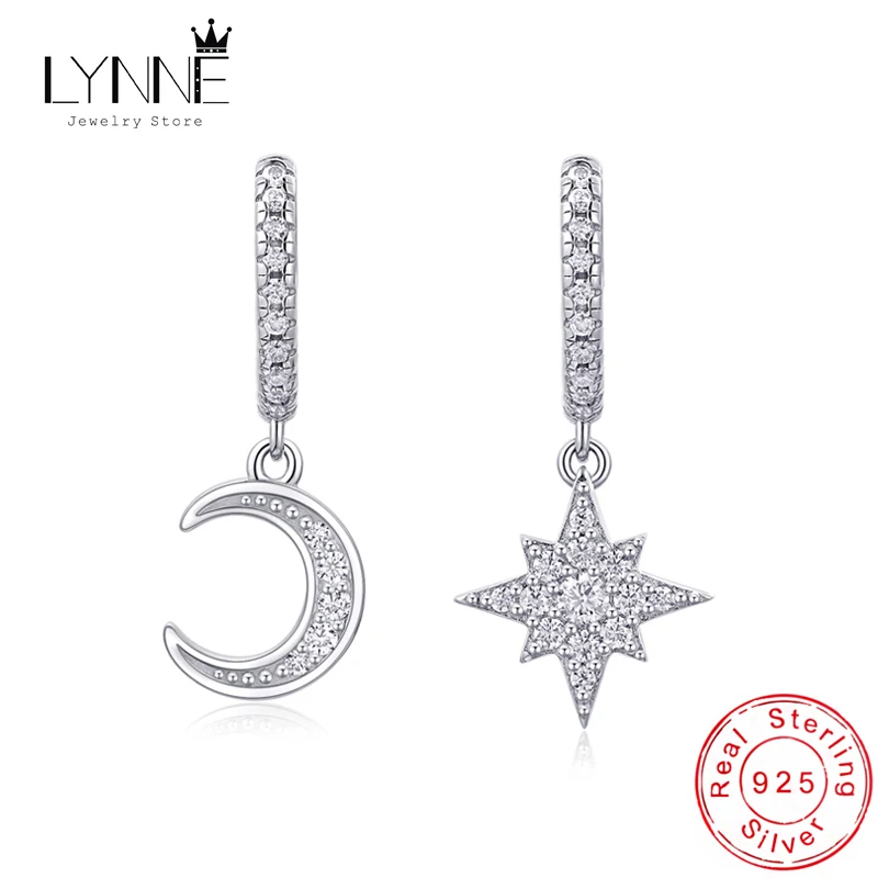 New Fashion Star&Moon Zircon Asymmetry Pendant Hoop Earrings 925 Sterling Silver Women Jewelry Gift Drop Rhinestone Fine Eardrop