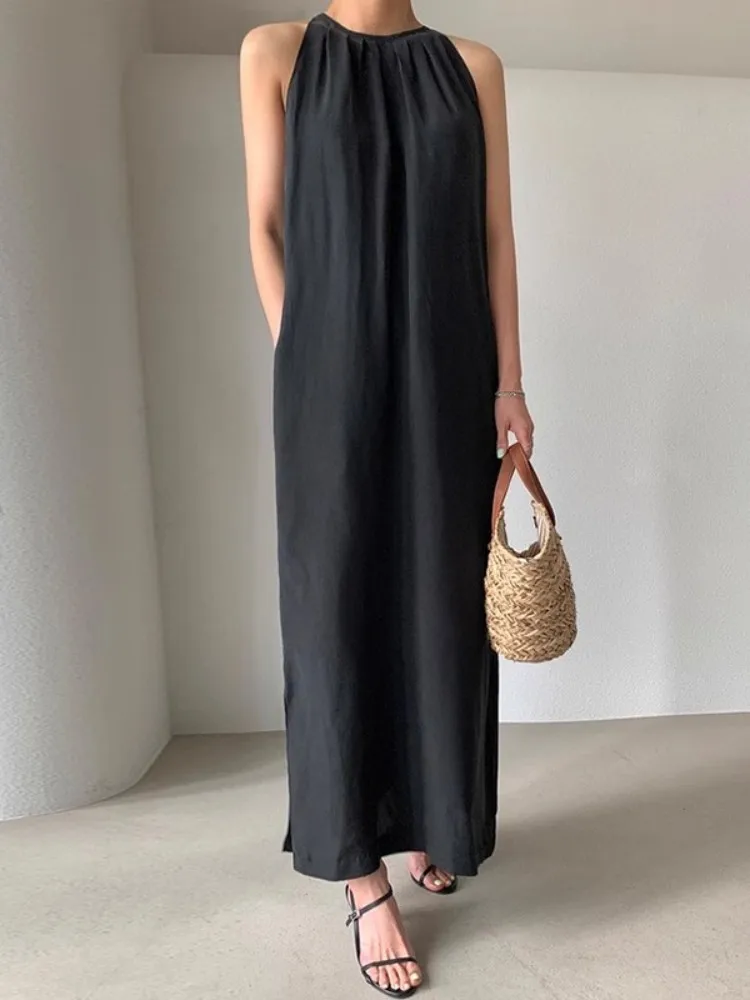 Off The Shoulder One Line Shoulder Dress For Women\'s Summer New Minimalist Style Sleeveless Black Slim Fit Long Skirt