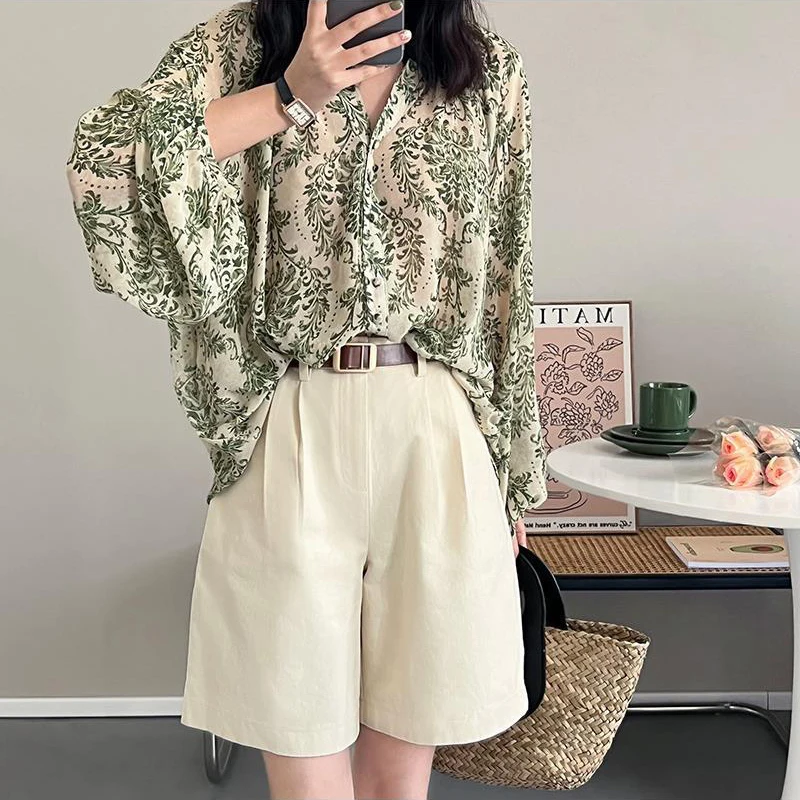 Vintage Floral Print Blouses Women Elegant Lantern Sleeve Spring Summer Chiffon Shirts V Neck Korean Casual Lady Loose Tops