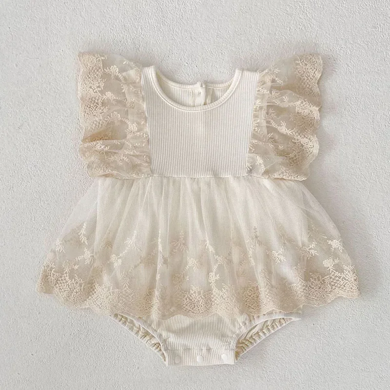 2025 New Summer Infant Baby Girls Bodysuits Flying Sleeve Cotton Mesh Splicing Toddler Baby Jumpsuit 0-24M Children Clothes