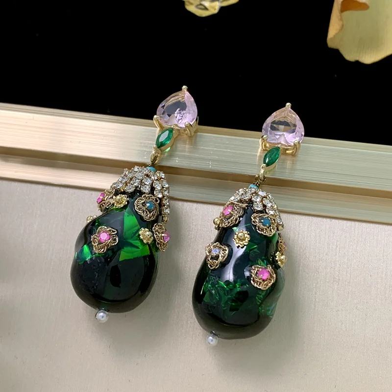 luxury niche hand-style vintage Bohemian green pink zircon earrings teardrop pendant court elegant fine jewelry