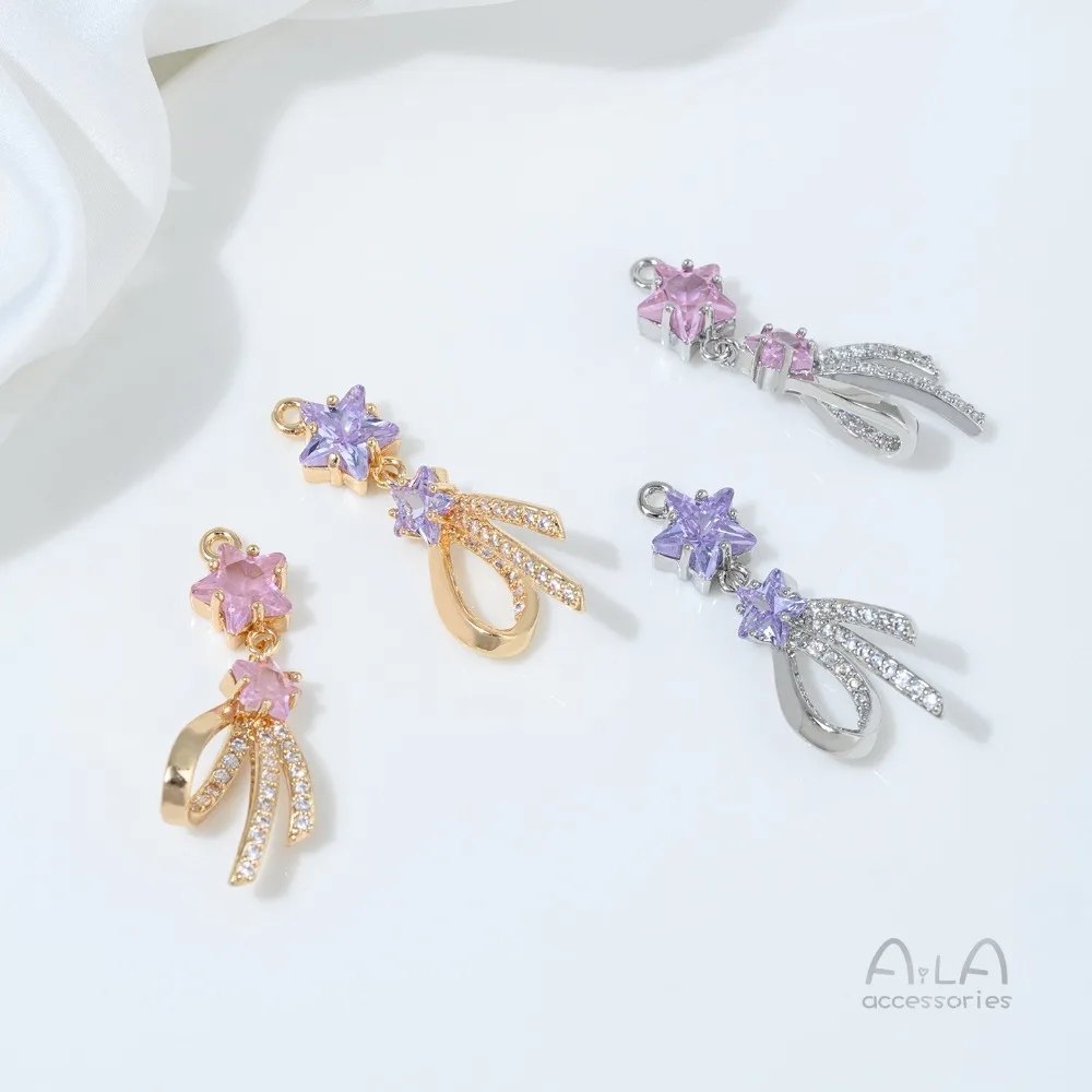 

1Pcs Copper Charms 14K Gold Color Purple Pink Zircon Meteor Ribbon Little Fairy Pendant DIY Handmade Accessories Material