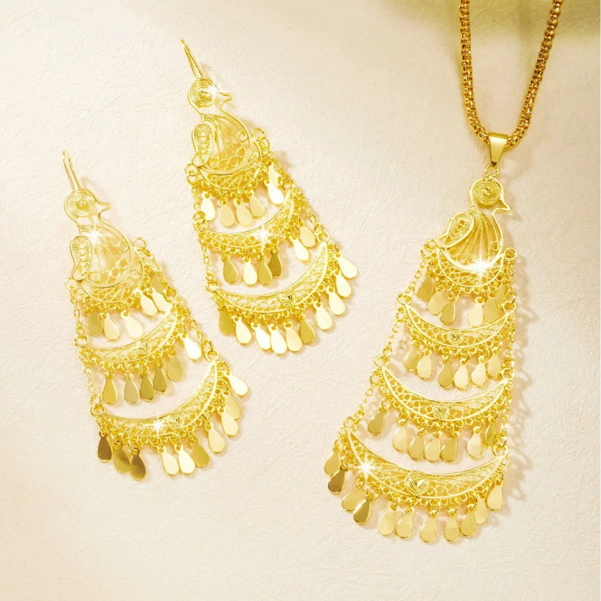 Luxury 24K 9999 Pure Gold real gold Middle East Dubai Women Fashion Tassel Necklace Earrings Set