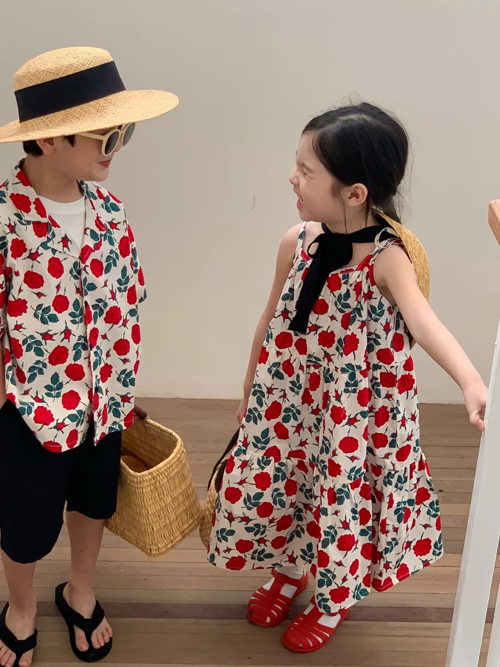 2024 Summer New Children Brother Sister Matching Clothes Fashion Boys Lapel Shirt Cute Girls Floral Sling Dress Sibling Outfits