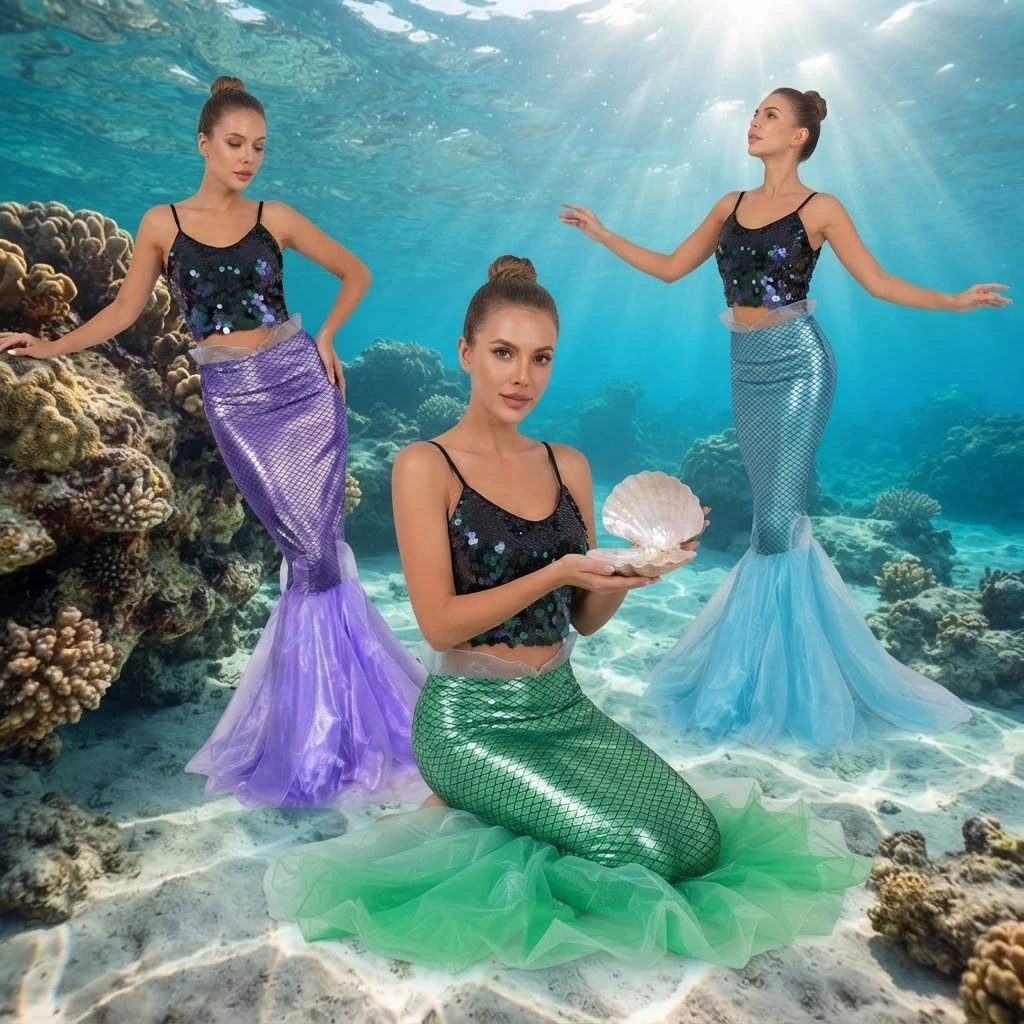 Conjunto de Disfraz de Sirena para Mujer, Top Corto con Lentejuelas + Falda de Cola de Sirena, Disfraz de Halloween para Fiesta de Disfraces