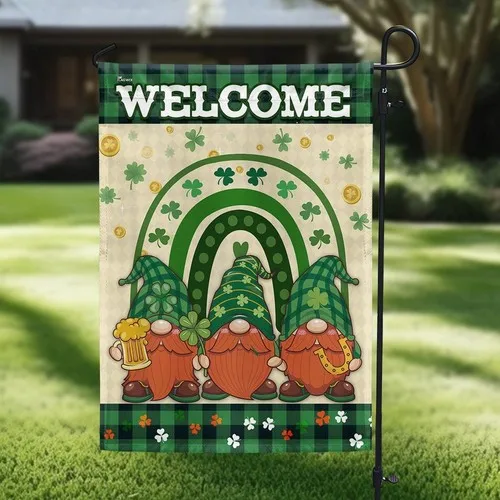 Irish Gnomes Happy Saint Patrick's Day Welcome Double-sided Garden Flag Decor OOV IIC