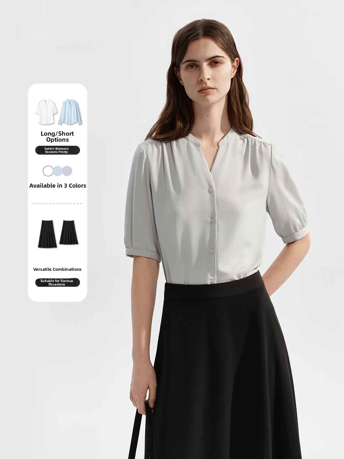 

OL Commute Short Sleeve Bubble Sleeve Shirt Women's Design Business Interview Formal Set Polyester V-neck Regular Fit Pure Color