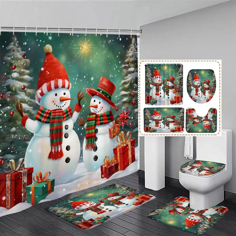 

Cute Snowman Christmas Shower Curtain Set Silver Pine Branches Snowflake Xmas Balls Bathroom Decor Rug Bath Mat Toilet Lid Cover