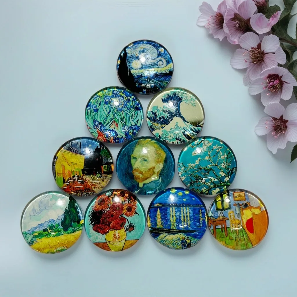12mm 10mm 16mm 20mm 25mm 30mm 555 Gogh Painting Mix Round Glass Cabochon Jewelry Finding 18mm Snap Button Charm Bracelet