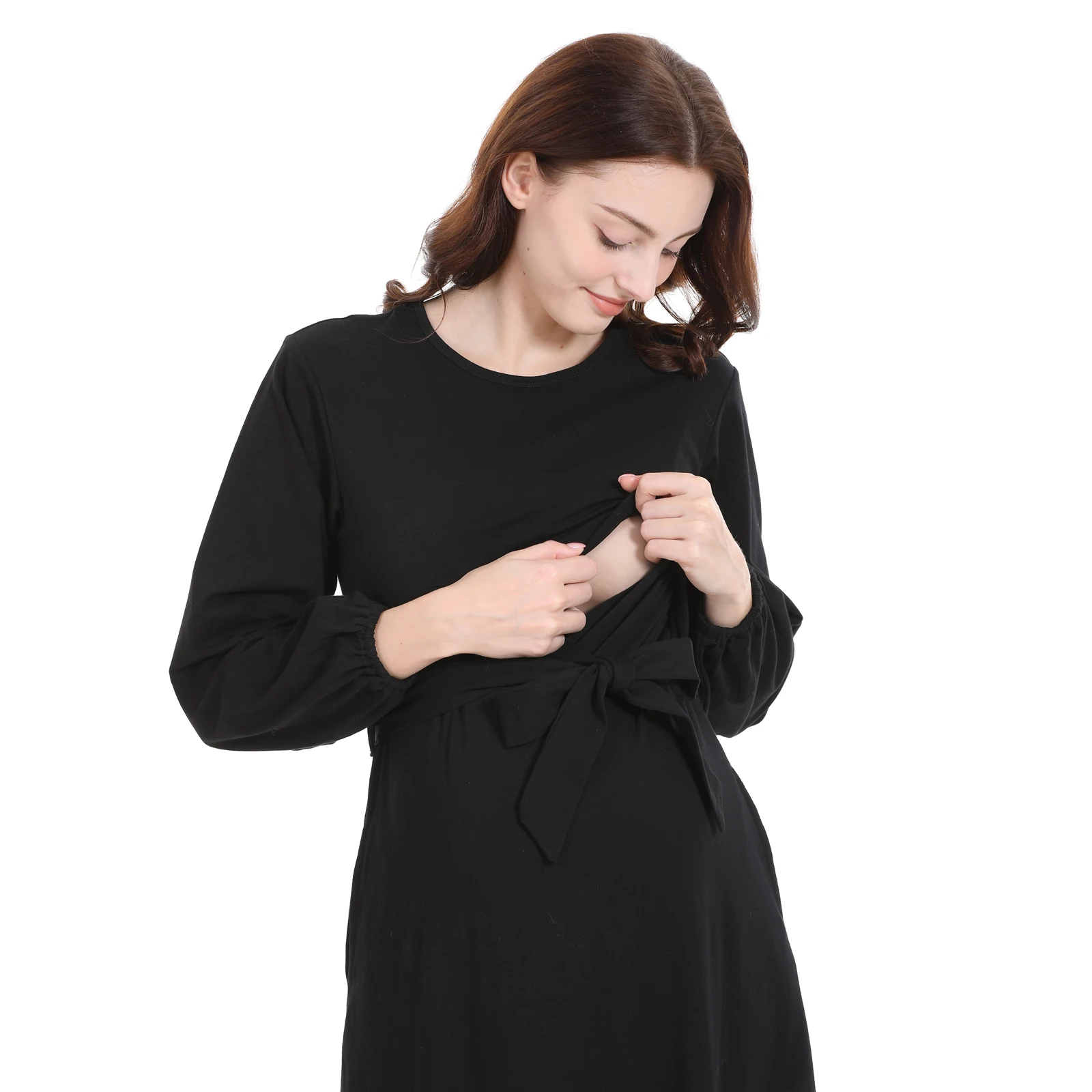 Long Sleeve Wrap Nursing Maternity Maxi Dress Plus Size Self Tie Waist Pocket Ruffle Hem Soft Loose Pregnant Women Long Dress
