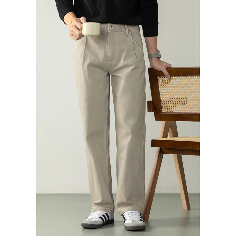 100% 순면 레트로 청바지 남성용 가을 겨울 비즈니스 캐주얼 빈티지 와이드 레그 스트레이트 데님 팬츠 남성 출퇴근용 바지