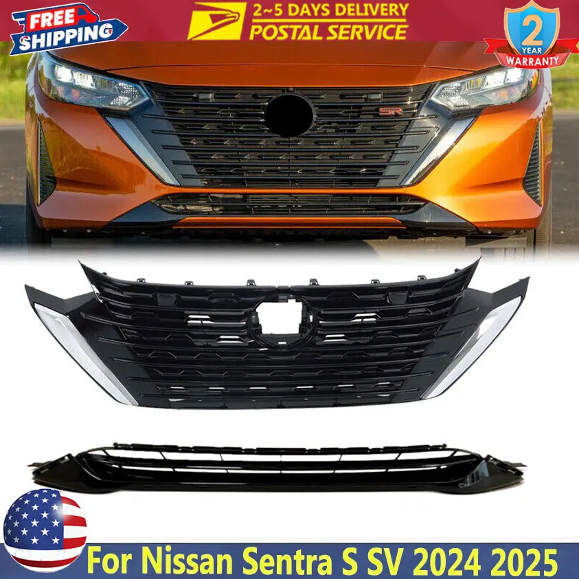 

Car Front Bumper Upper Grille & Lower Grille For Nissan Sentra S SV 2024 2025 Car Front Grille + Hood Molding Trim Replace