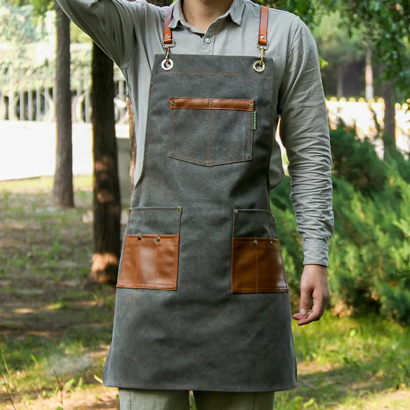 Multi-Pocket Canvas Apron Leather Patchwork Kitchen Apron Men's and Women's Workwear Baking Flower Shop Restaurant Waiter