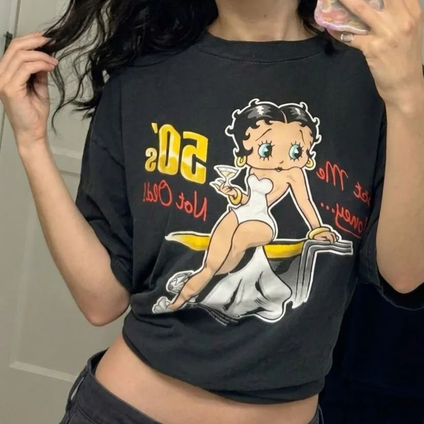Loose Fit Black Vintage American Style Short Sleeve T-Shirt Lazy Style Cartoon Betty Miss Casual Fashion Unisex Summer Top