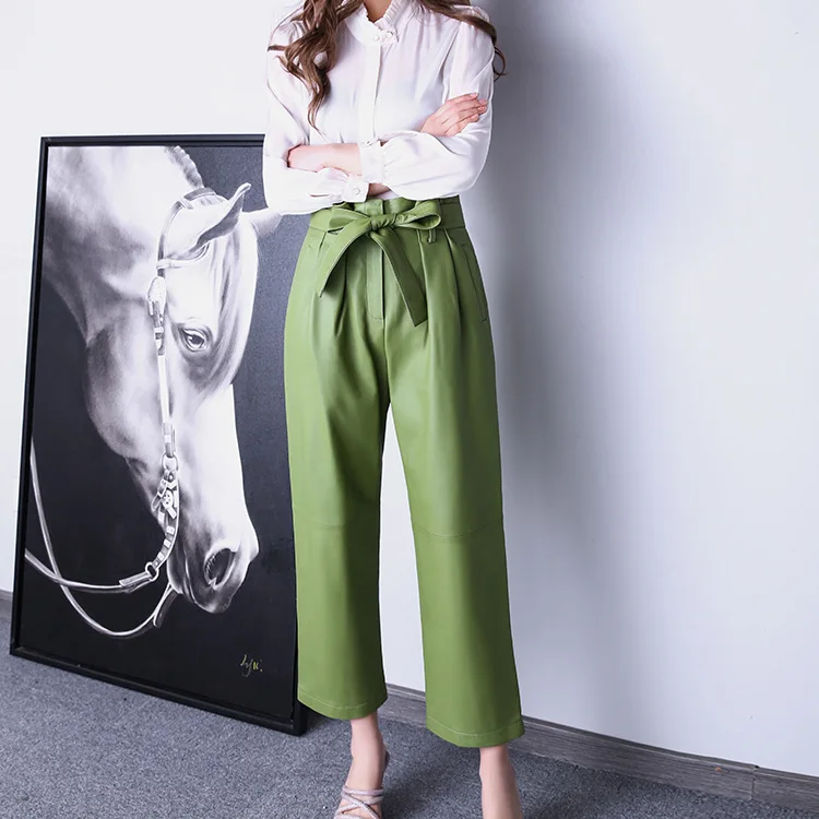 

2023 Women New Genuine Sheepskin Leather Pants High Waist Bow Tie Lace Waist Straight Pants E40