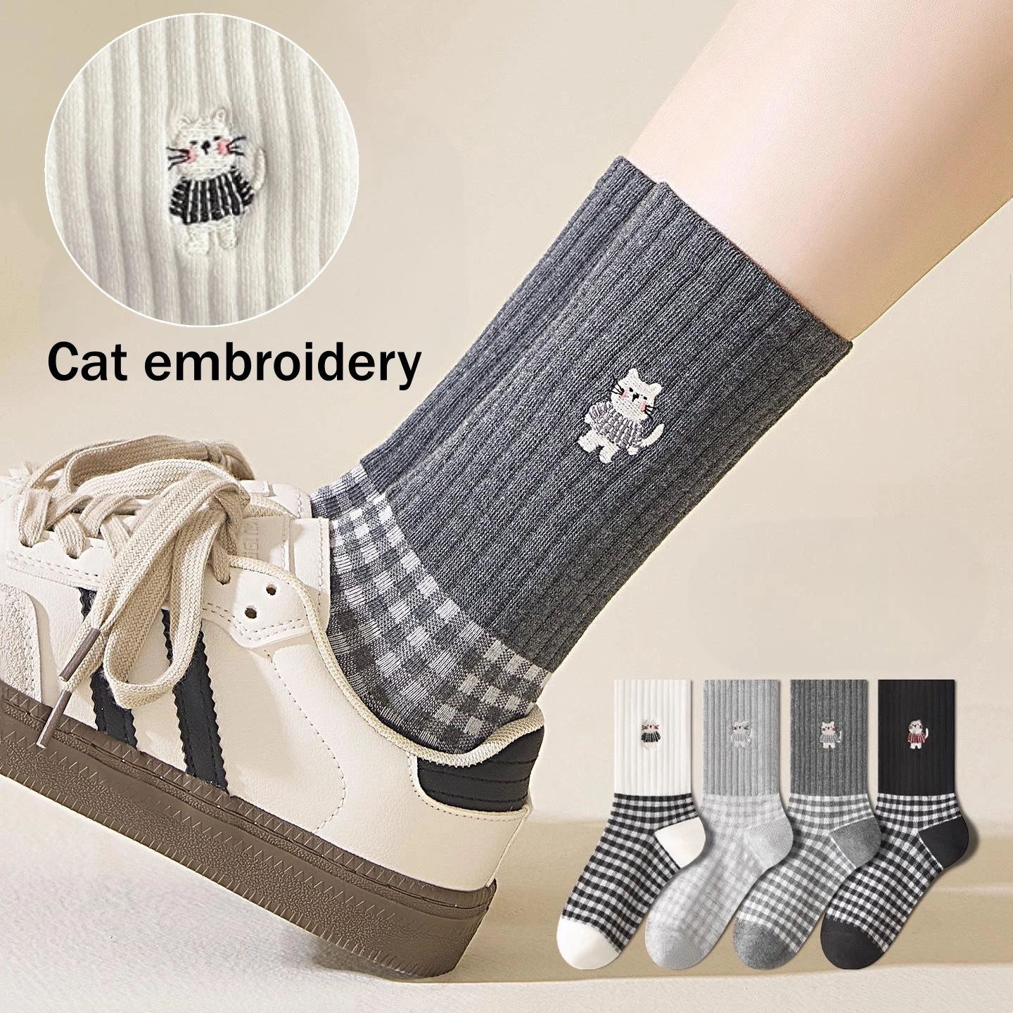 إمرأة الخريف جوارب قطنية لطيف القط التطريز الكرتون طاقم الجوارب Kawaii منتصف العجل الجوارب منقوشة مكدسة الجوارب الجدة غير رسمية #1