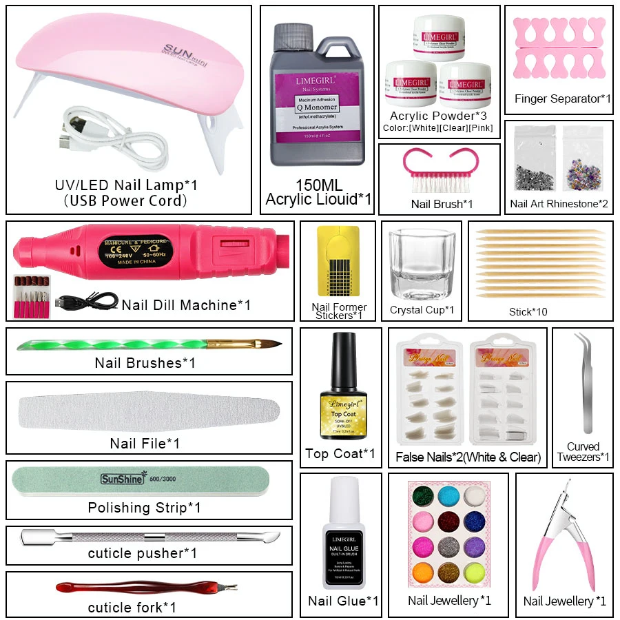 Full Nail Manicure Set Acrylic Nail Kit With Drill UV Light Nail Glue Glitter Powder Nail Tips Nail Art Profession Tool Kit