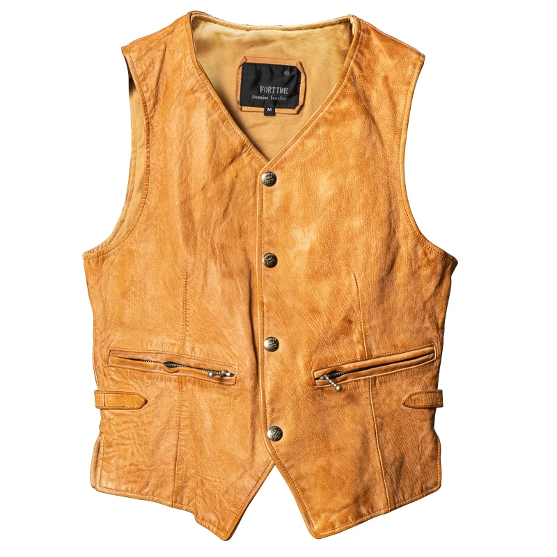 

Tangerine Yellow Spring Leather Vest Men Casual Style Plus Size 4XL Natural Sheepskin Slim Fit Short Genuine Leather Vest