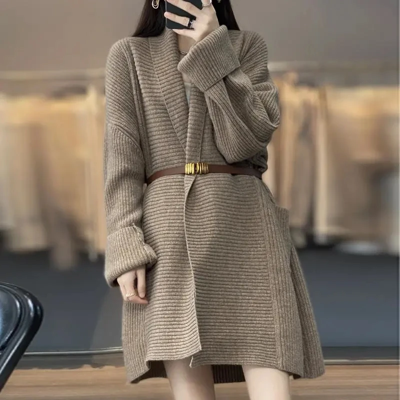 

French Style Lapel Mid Length Thicken Knitted Cardigan Women's Autumn Winter New Solid Color Loose Knit Jacket Lady Sweater Coat