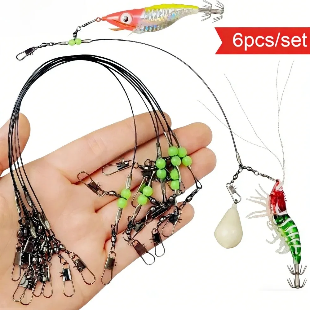 6pcs/lot 20cm Squid Fishing Leader Rig with Luminous Beads Swivel Snap Connector for Octopus Cuttlefish Sea Saltwater Tackle