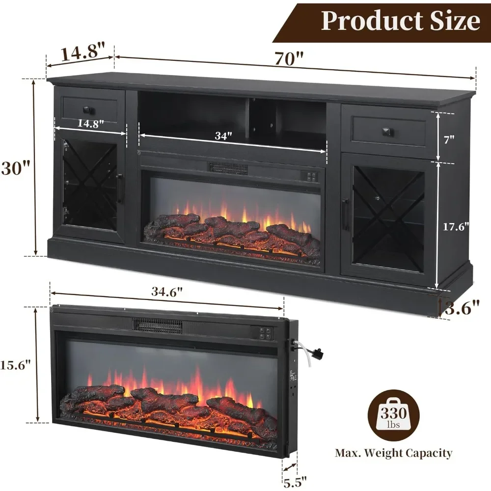 حامل تلفزيون حديث مقاس 70 بوصة مع مدفأة كهربائية لأجهزة التلفاز حتى 80 بوصة، أضواء LED، باب زجاجي، مركز ترفيه