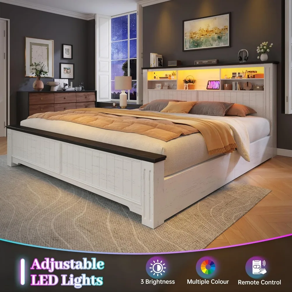 

King Size Bed Frame and Headboard, King Bed Frame with 4 Drawers USB & LED, Farmhouse Bed Built in Charging Station