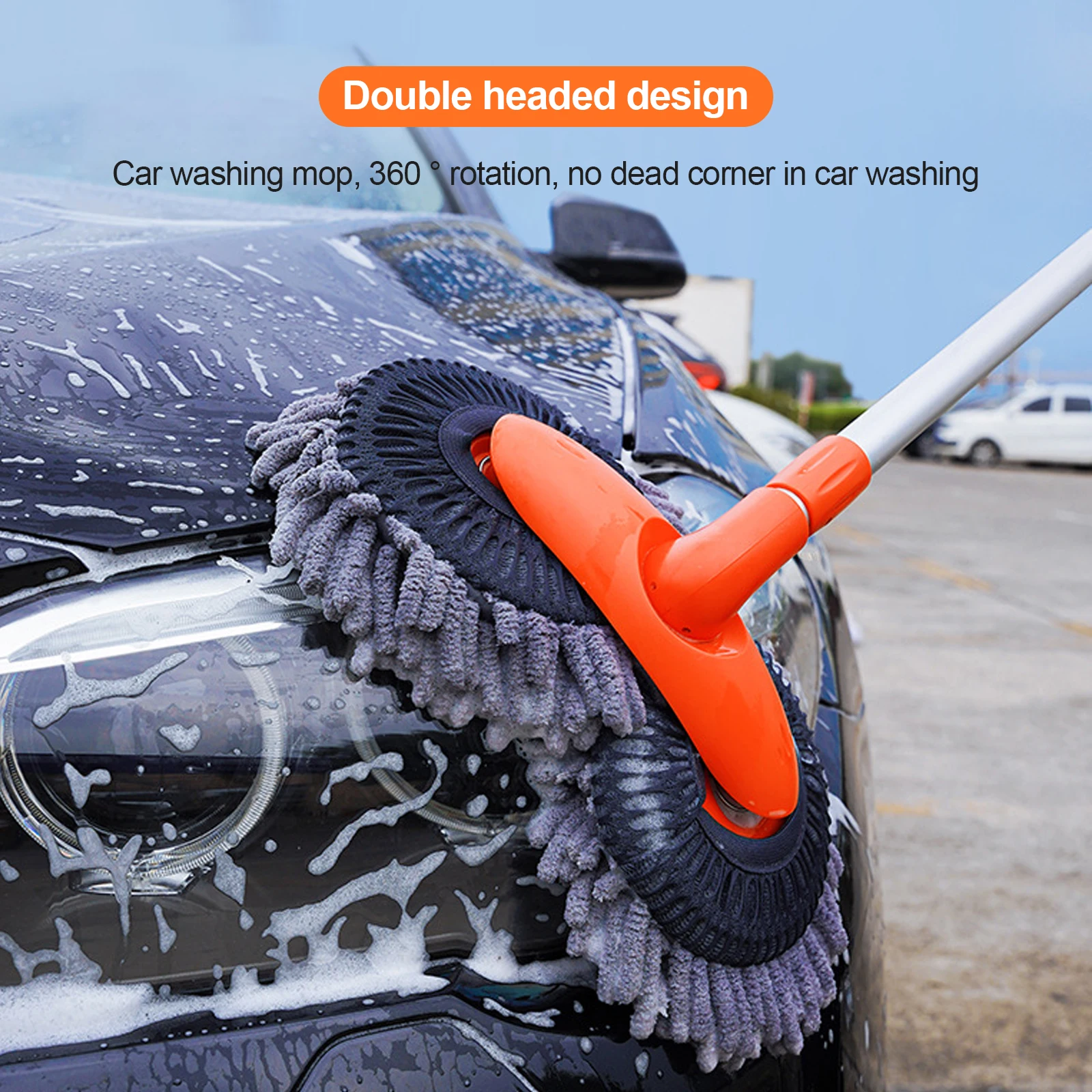 Double Brush Head Rotating Car Wash Mop Three-Section Telescopic Mop Roof Window Cleaning Maintenance Auto Supplies Accessories