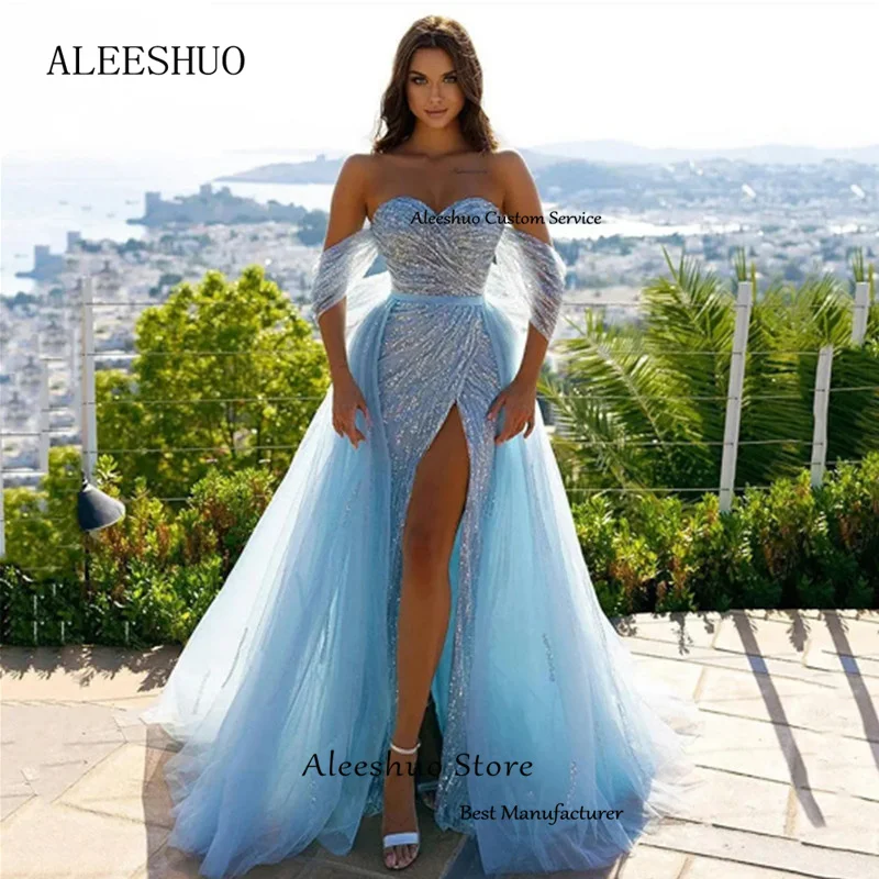 Aleeshuo Sexy Sky Blue Mermaid abiti da sera lunghi Sweetheart Off The Shoulder spacco laterale alto abiti da ballo festa formale 2024