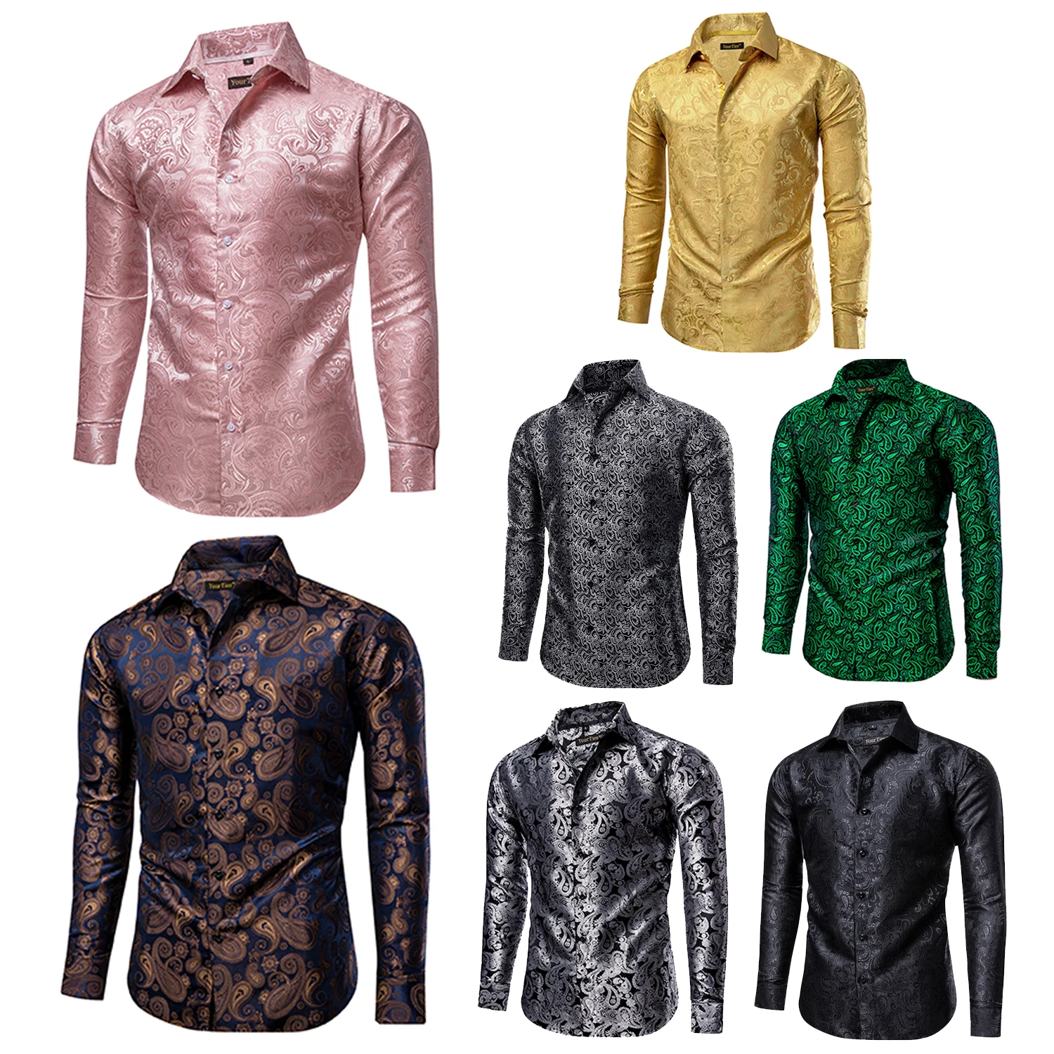 Men Paisley Jacquard Long Sleeve Button‑up Dress Shirt Slim Fit Turn‑down Collar Tops For Wedding Banquet Party Prom