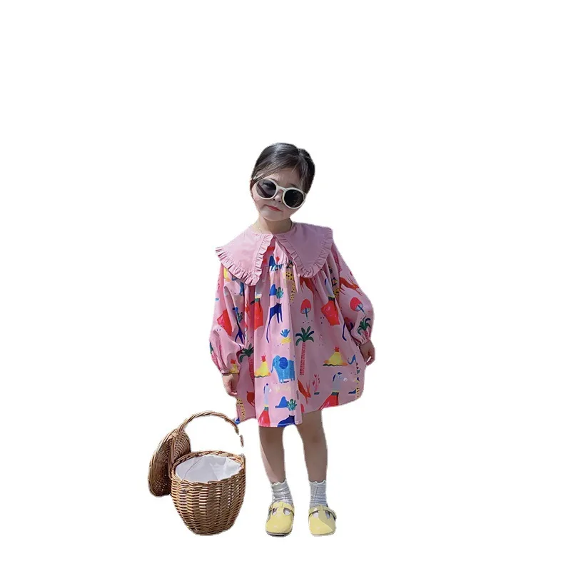 2024 Spring New Korean Children\'s Wear Girl\'s Fragmented Flower Flip Collar Long sleeved Lantern Sleeves Princess Dress