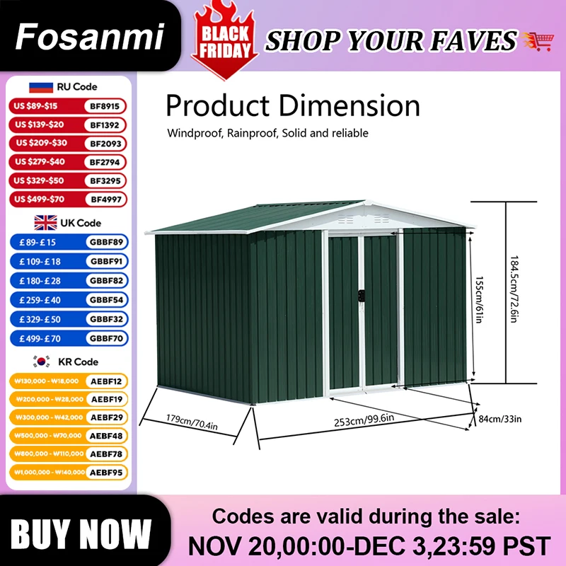 

8x6FT Green Metal Shed with Galvanized Steel Water Proof Aluminum Alloy Frame for Outdoor Storage for Patio Furniture/Bikes/Cars