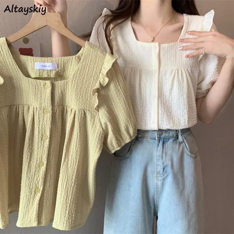 Ruffles Shirts Women S-3XL Puff Sleeve Sweet Solid All-match Ladies Temperament Summer Casual Fashion Ulzzang Korean Style Chic