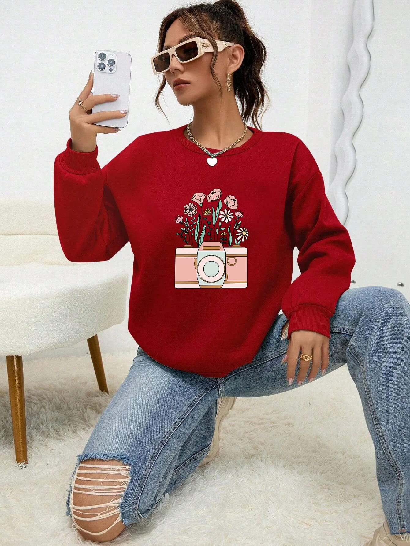 Beautiful Flowers In The Camera  Print Sweatshirt Women\'S Fashion Quality Hooded Warm Casual Hoodies Multicolor Female Pullover