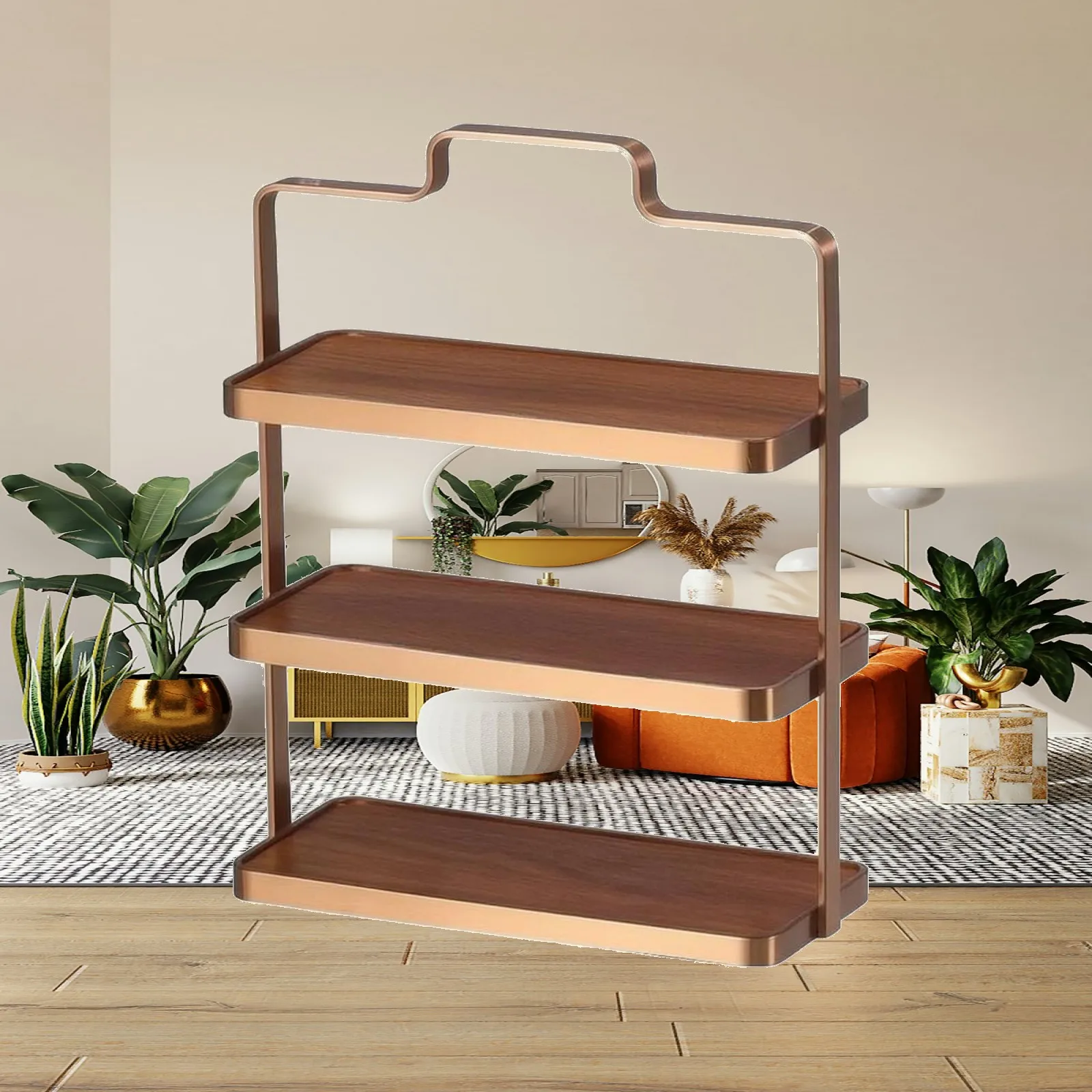 Polished Metal Dessert Serving Stand with Woodgrain Shelves for Party Table Tray Decoration Center
