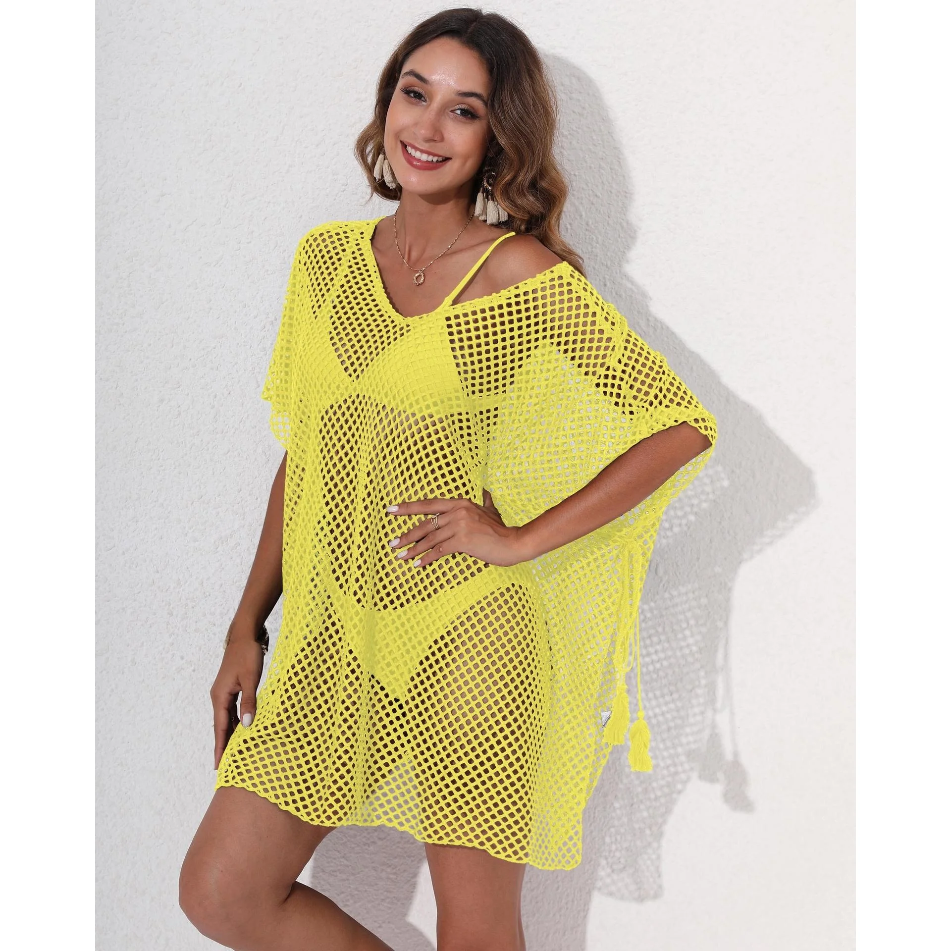 Women's Me Beach Cover irt Outer Dr Fre Sle Loose Waist Polyester Fiber Five Sve Busin Home Wear Dr