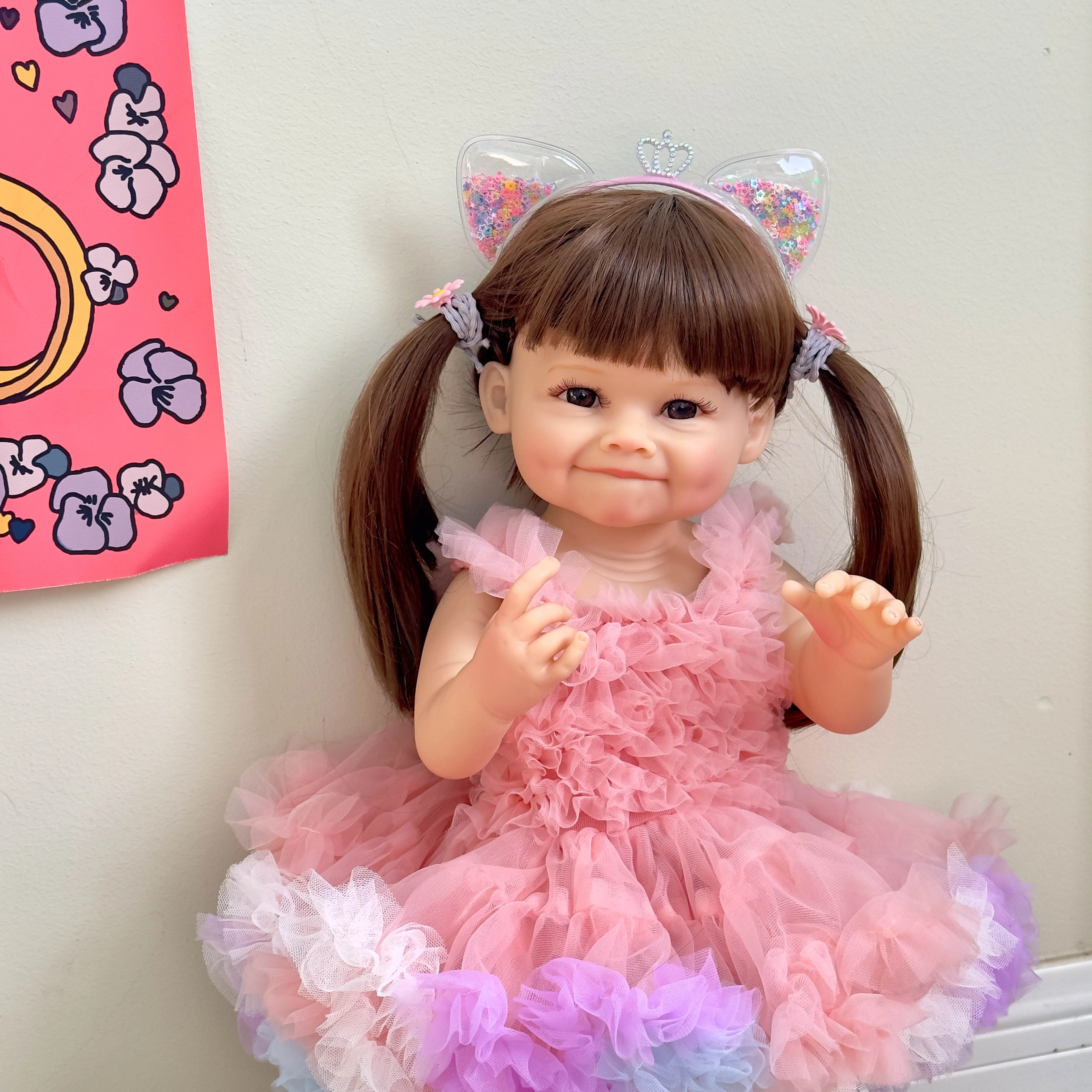 NPK 55CM Reborn Toddler Doll with Pink Dress Full Body Soft Silicone Raya Lifelike Soft Touch High Quality Doll Gifts