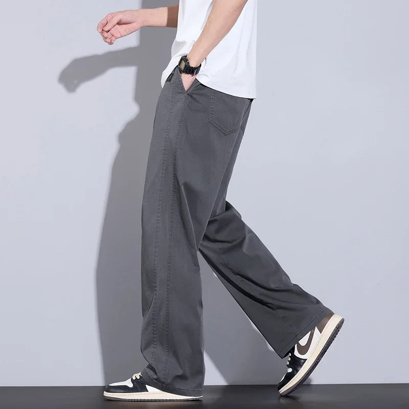 البوب جديد جينز ناعم الرجال الربيع الصيف رقيقة فضفاضة ثنيات المضادة للتجاعيد مريحة مستقيم بنطلون الرباط الذكور فضفاض ديني
