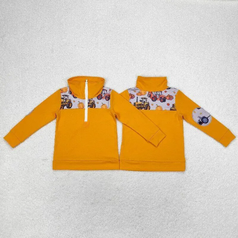 

RTS Baby Boys Toddler Long Sleeve Children Fall Mustard Pumpkins Zip Milk Silk Wholesale Boutique Kids Tee Shirts Pullovers Tops