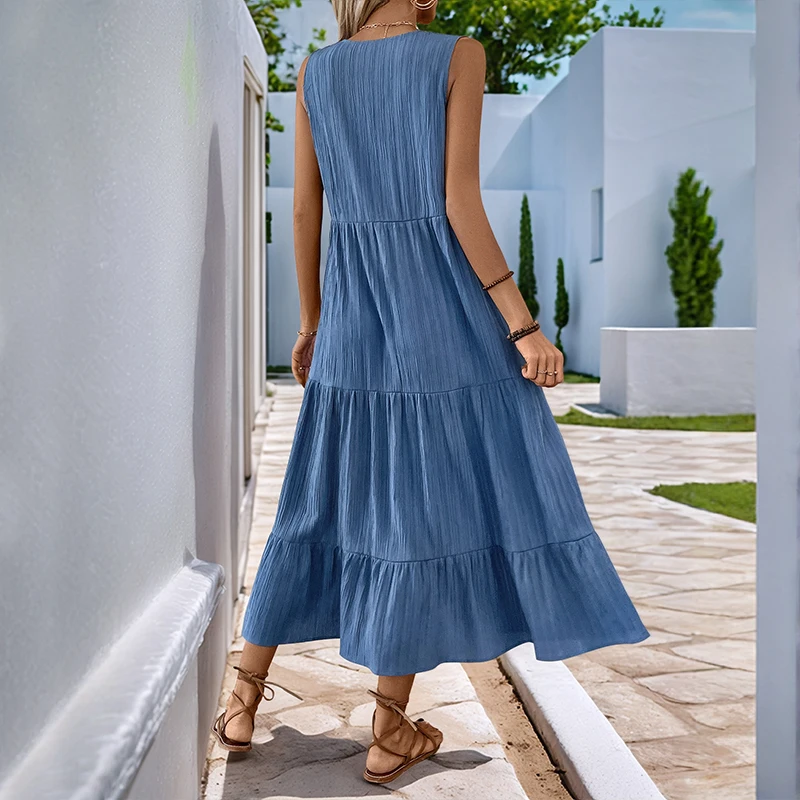 Women's Blue Sleeveless V Neck Button Front Tiered Midi Dress Summer Casual Party Vacation Boho Fashion Slim Fit