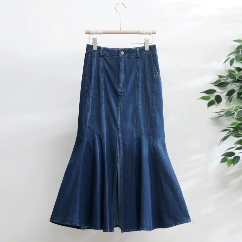 

TIYIHAILEY Free Shipping New Long Mid-Calf Mermaid Style Skirt Women Spring Summer Denim Jeans Vintage Elastic Waist Deep Blue