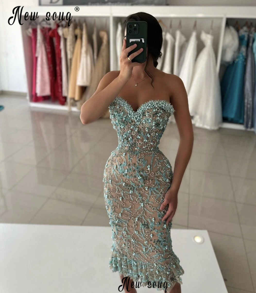 Light Green Midi Evening Prom Dress Embroidery Strapless Beads Fashion Cocktail Dress Trumpet Party Gowns vestidos de graduación