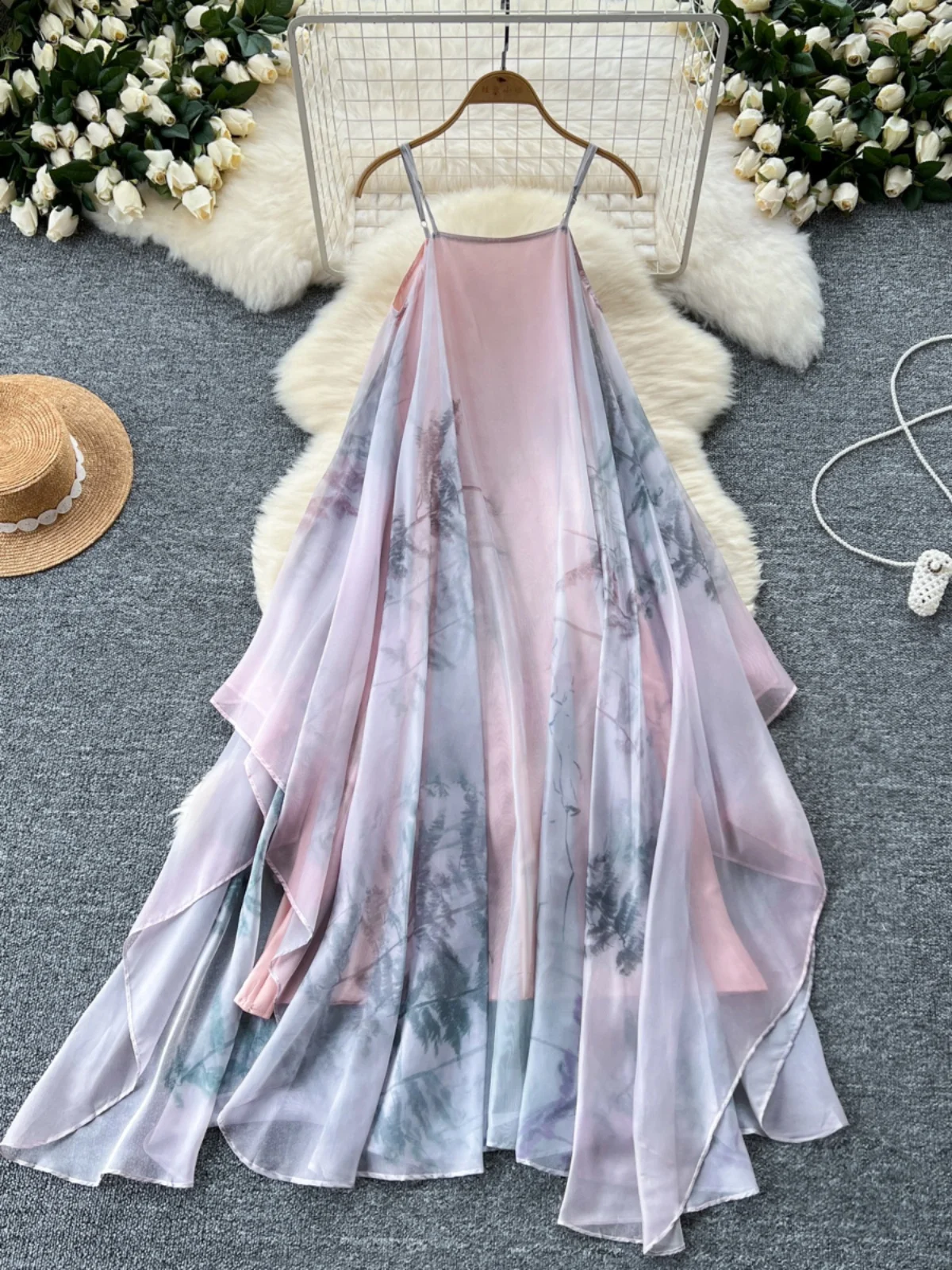 

Foamlina Lazy Wind отпускное платье женское летнее ретро-принт на подтяжках нерегулярное свободное платье на бретельках для французских отпуска