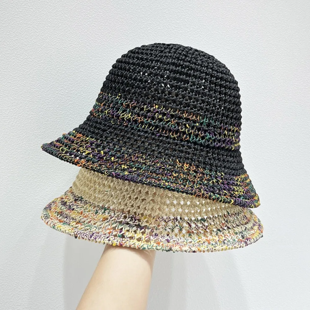 

Fashion Woven Straw Bucket Hat Adjustable Colorful Fisherman Hat Casual Hollow Knit Beach Sun Hat for Women