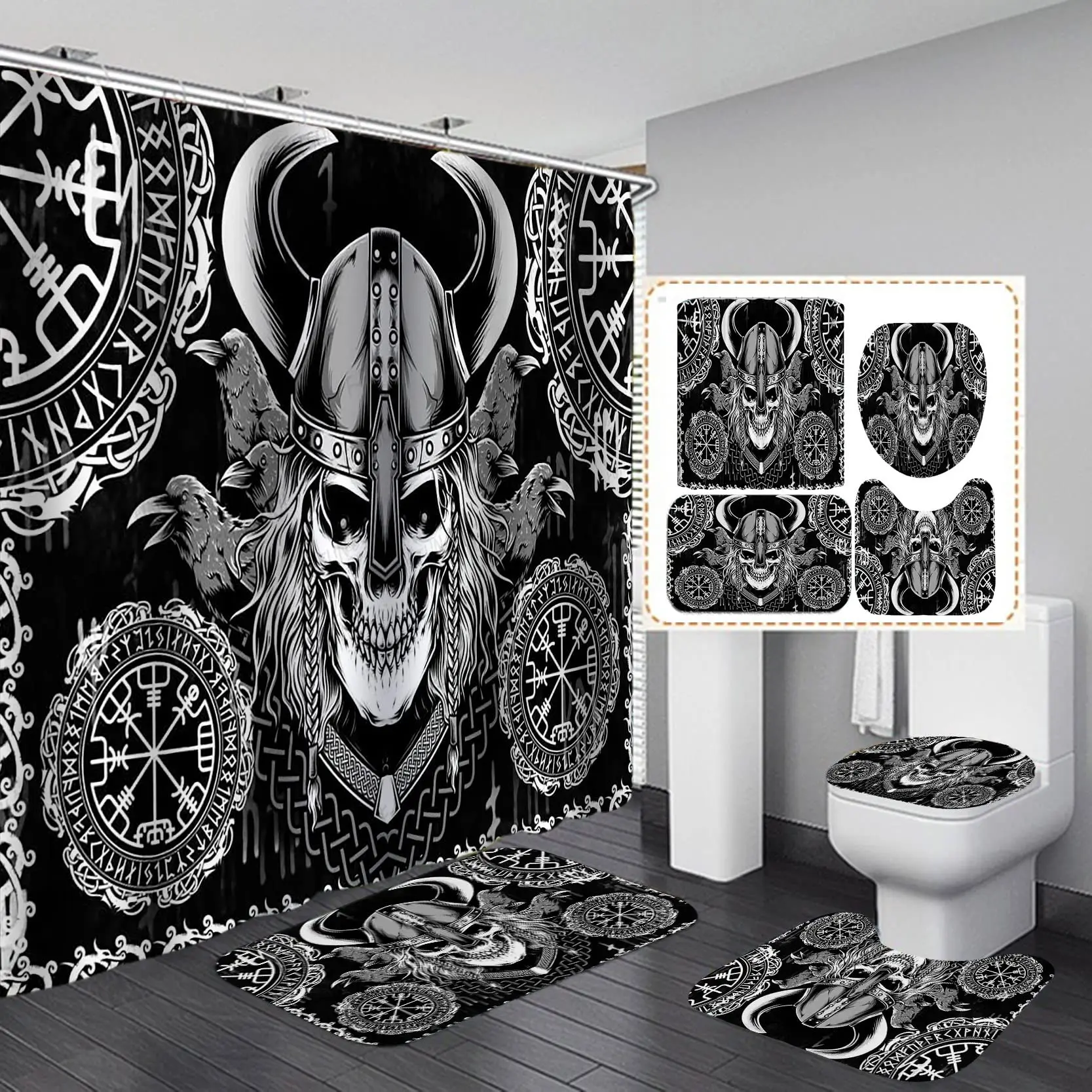 Viking Bathroom Shower Curtain Set Ancient Scandinavian Vegvisir Tree of Life Compass Odin Warrior Celtic Mythology Nordic Men